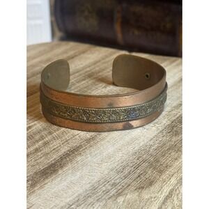 Vintage Copper & Brass Floral Etched Cuff Bracelet Wide Rustic Boho Metal Bangle